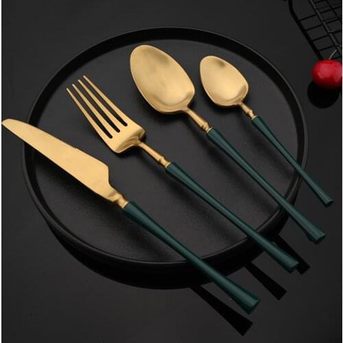 4Pcs Green Gold Matte 18/10 Stainless Steel Dinnerware Cutlery Set Fork Knife Teaspoon Dinner Western Tableware Flatware Set