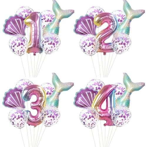 7pcs/set Mermaid Party Balloons Number Foil Balloons Baby Shower Girl Birthday Party Decorations Helium Globos Kids Toys
