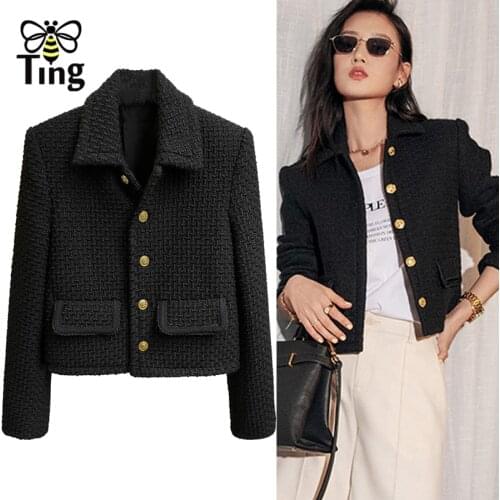 Tingfly Designer Winter Autunn Fashion Single Breasted Jacket Coats Black Color Turn Down Collar Slim Casual Tweed Outerwear Za