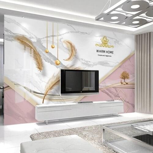 Custom Mural Wallpaper 3D Abstract Modern Art Wall Painting Pink Marble Golden Feather Home Decor Papers Papel De Parede Sala