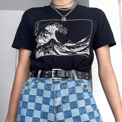 Streetwear womens T-shirt The great wave off kanagawa print top summer Harajuku Japanese wave vintage BF loose female T-shirt