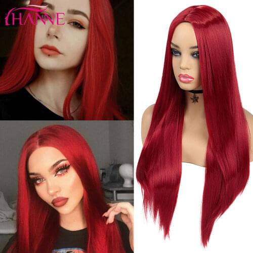 HANNE Red/Green/Blue/Purple Long Straight Party Wig For Black/White Women Heat Resistant Fiber Natural Looking Hair
