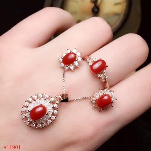 KJJEAXCMY boutique jewels 925 Silver-inlaid Natural Red Coral Jewelry Ring Necklace Dropping Ear Nail Set Support Detection