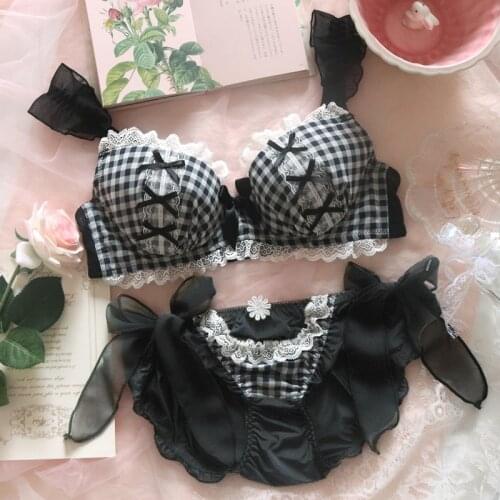 Plaid Black Fox Gathered Bra Thong Womens Panties Set Lolita Underwear Plus Size Lingerie Lace Japanese Sexy Bra and Panty Set