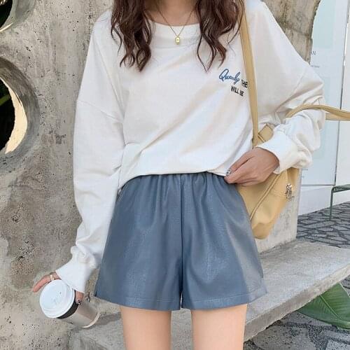 Korean Style Leather Shorts for Women Elastic Waist Warm Winter Faux Leather Shorts Women Black High Waist Female Autumn