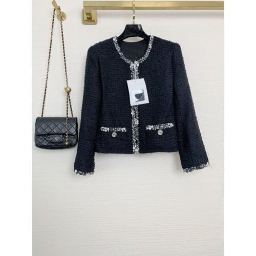 Autumn Luxury 2021FW Women High Quality Sequined Tweed Black Jacket Coat For Female Gdnz 7.17