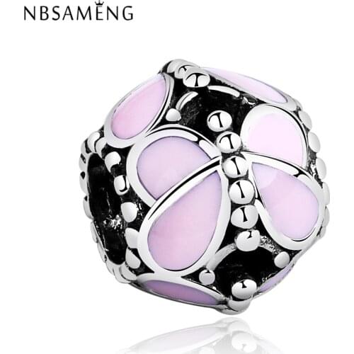 NBSAMENG 100% 925 Sterling Silver Beads Charms Round Pink Butterflies Charm Fit Bracelets Women Beads For Jewelry Making