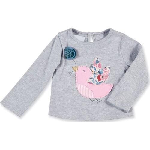 Little Maven New Autumn Spring Kids Gray Bird Applique Floral Full- sleeved O-neck Cotton Girls Knitted Casual Tshirt Tops