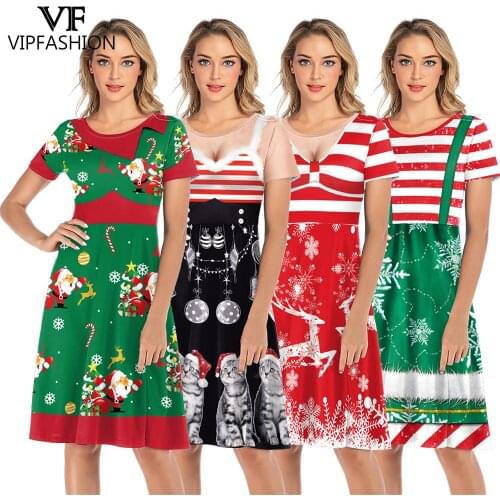 VIP FASHION Women Casual Dress Elk Snowflake Santa Print Ugly Christmas Party Short Sleeves Dress