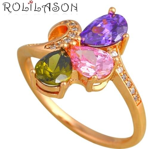 ROLILASON Romantic Style Color Zircon Gold Tone Fashion Jewelry Birthday Gift Rings USA size #5.5#6.5#7#7.5#8.5 JR2133