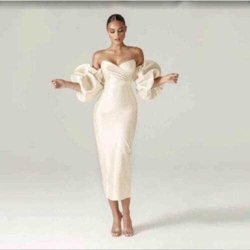 Elegant Sheath Eveing Gowns Ivory Color Off The Shoulder Puffy Sleeves Prom Dresses Sexy Sweetheart Party Dress Robe De Soiree