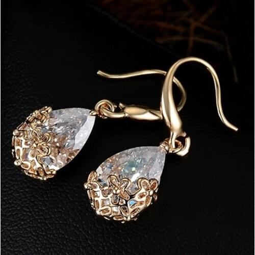 Gold Colors Wedding Crystal Zircon Dangle Earring For Womens Elegant Classic Flowers Drop Earrings Jewelry Accessories