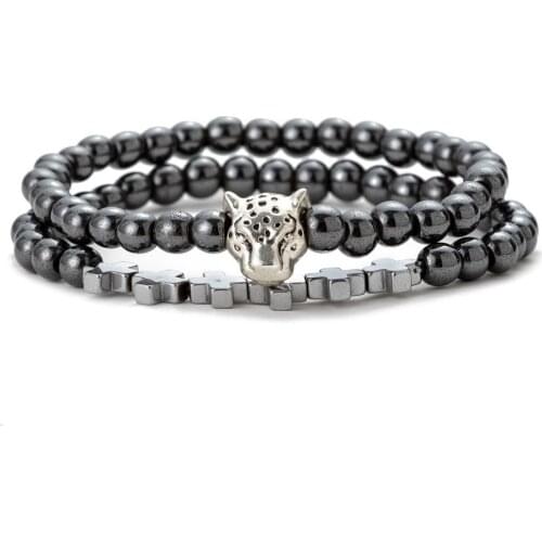 Charm Handmade Beaded Leopard Head CZ Ball Bracelet Hematite Gun Black Copper Bead Adjustable Mens Bracelet Womens Energy