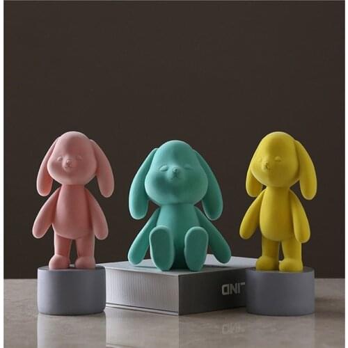 Nordic Cute Flocking Simulation Rabbit Decoration Soft Furnishing Home Desk Living Room Ornaments Resin Crafts Birthday Gift