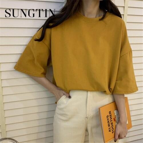 Sungtin 2021 Basic Women Korean Loose Solid T-shirts Hot Minimalist High Quality Gentle New Female Short Sleeves Tops Simple BF