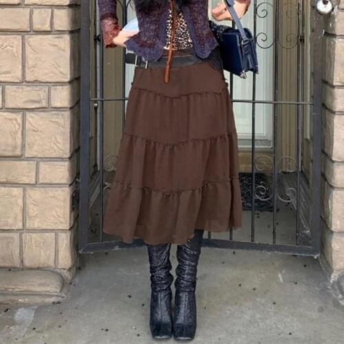 Gothic Brown Ruffles Midi Skirts Women Harajuku Solid Low Waist Bottoms Summer 90s Streetwear A Line Mesh Long Skirt