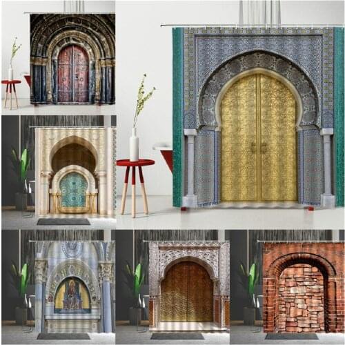 Moroccan Shower Curtain Antique Arched Doors Antique Wooden Door Morocco Yellow Doorknob Ornamental Carved Fabric Curtains