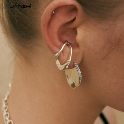 HUANZHI 2020 New Double layer Metal Geometric No Pierced Ear Bone Clip Gold Silver Color Rhinestone for Women Girls Punk Jewelry
