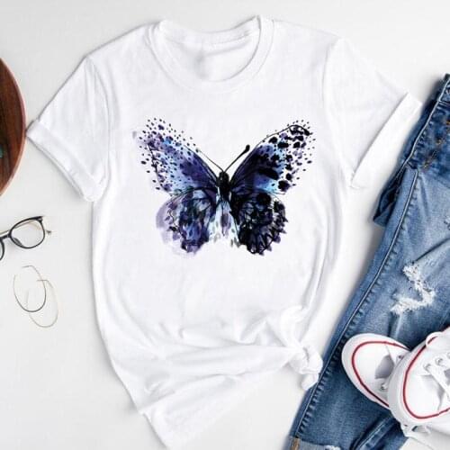 Women Sweet Butterfly Watercolor New 2021 Cute Fashion Print Short Sleeve Summer Lovely Clothes Tops Tees Tshirt T-Shirt