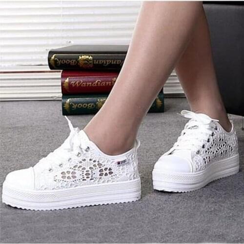Women Shoes 2021 Fashion Summer Casual White Shoes Cutouts Lace Canvas Hollow Breathable Platform Flat Shoes Woman Sneakers35-42