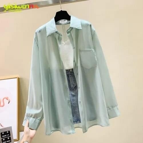 2021 Korean Women Long Sleeve Chiffon Blouses Loose Polo Neck Solid Color Thin Top Female Shirts Summer Outwear Blouse Mujer