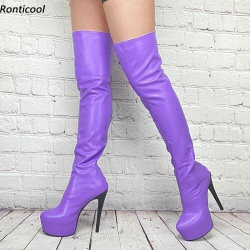 Ronticool Women Winter Platform Over The Knee Boots Back Zipper Stiletto Heels Round Toe Purple Pink Dress Shoes US Size 5-20