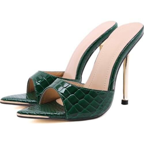 2021 New Summer Women Slippers Snake Print Mule High Heels Shoes Sandals Sexy Sharp Toe Metal Heel Slides Party Dress Shoes