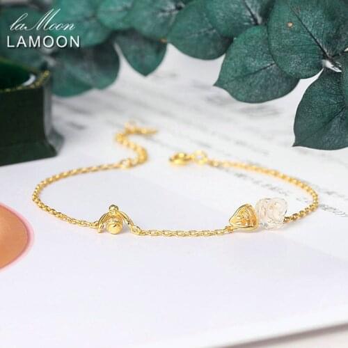 LAMOON 925 Sterling Silver Bracelet For Women Rose Bee Rose Quartz Gemstone Charm Bracelet 14K Gold Plated Fine Jewelry LMHI066
