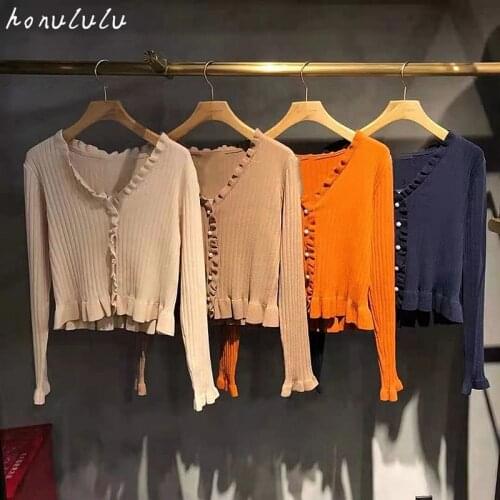 2021 spring new Japanese V-neck slim-fit base knitted cardigan women with wooden ears