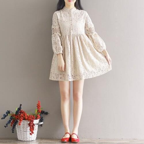 2018 autumn long lantern sleeve flower lace dress for women casual sweet mini beige dress