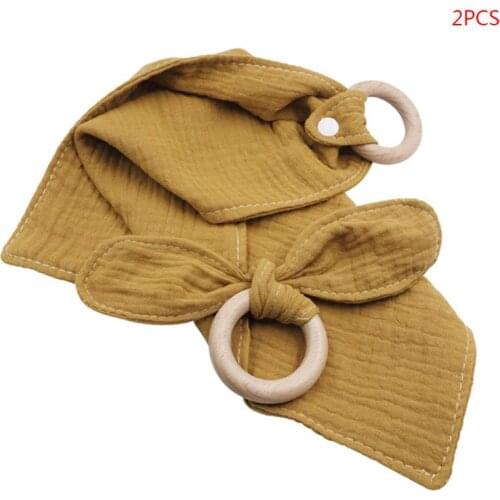 1Set Baby Cotton Bibs Beech Wooden Ring Pacifier Rabbit Ear Teether Saliva Towel F3ME