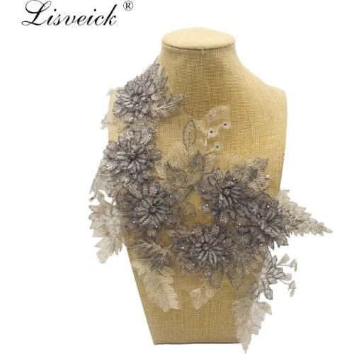 1pcs Handmade Beaded 3D flower Embroidered lace applique for wedding dress clothing decoration Boutonniere Patches