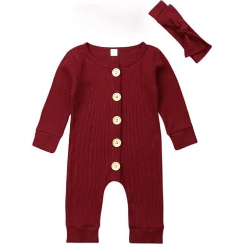 2PCS Newborn Baby Girl Boy Knitted Button Romper Jumpsuit Solid Long Sleeve Cotton Outfits Headband Purple Wine Red Yellow Pink