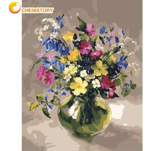 CHENISTORY Frameless Painting By Numbers Kits Flower In Green Vase Landscape Paint By Number HandPainted Unique Gift For Adult