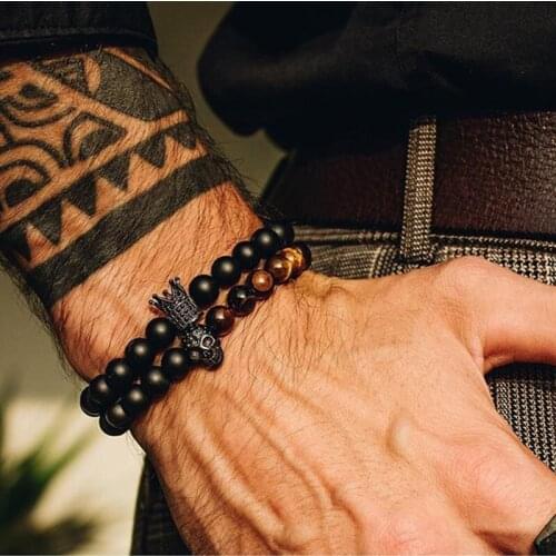 2pcs/set Black Matte Tiger Eye Beads Bracelet 2019 Royal CZ Crown Steel Skull Charm Bracelet Sets For Men Fashion Jewelry Gift