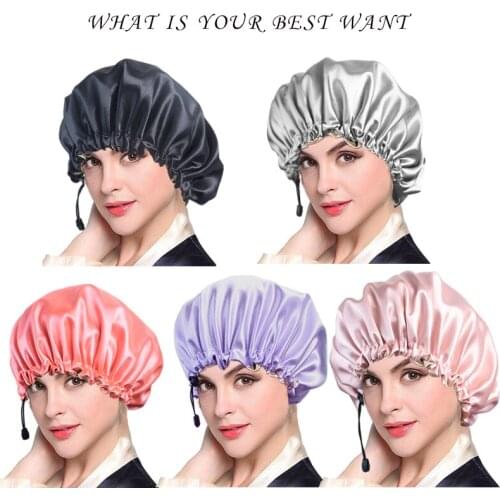 Double Layer Upgrade Adjustable Womens Oil Bath Cap Soft Silk Dual-Purpose Bath Cap Shower Caps Waterproof Hair Bonnet