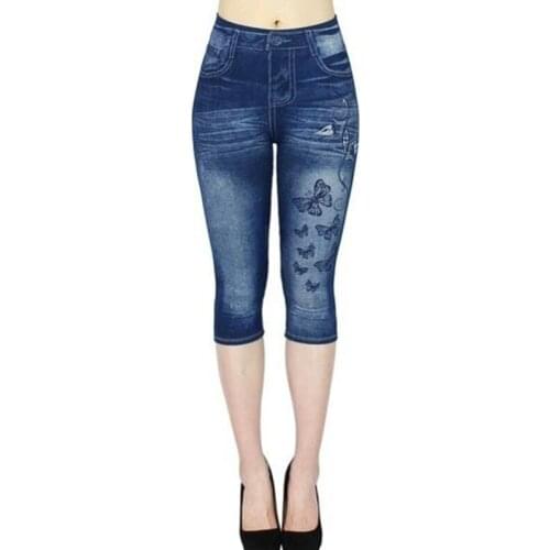 2021 Imitation Leggings women Cropped Butterfly Print Trousers Women Mock Pocket Pants Slim Jeggings High Waist Plus Size Pants