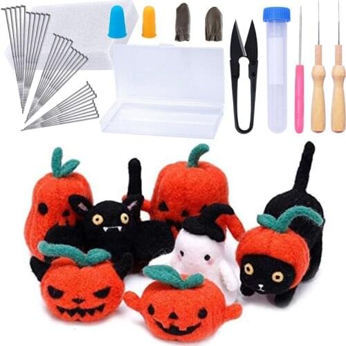 Imzay Needle Felting Kit For Beginners, With 7Pcs Photo Instructions, Make Pumpkin, Black Cat, Black Bat And Halloween Ghost