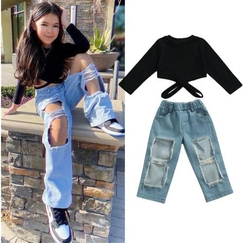 2-7Y Kids Girls Autumn Outfits 2021 Fashion Children Solid Long Sleeve Bandage Crop Tops + Ripped Denim Pant Sets Baby Clothes