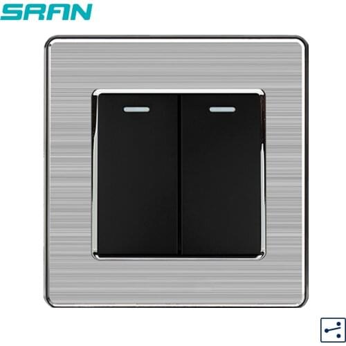 SRAN UK 2Gang 2Way rocker switch,250V 16A light Interrupt switch stainless steel silver edge panel 86mm*86mm balck/white/gold