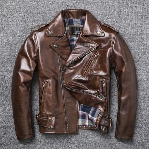 New Natural Oil Wax Calf Skin Jackets Mens Vintage Yellow Brown Leather Jacket Thick Turn Cowhide Slim Coats