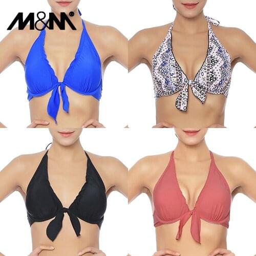 M&M 2019 Women Bikini Top Push Up Swimwear Girls Solid Swimsuit Halter Beach Wear Print Halter Sexy Pad Ruching Sport Bra T609