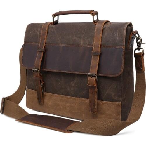 Mens Shoulder Bag 15.6-inch Oil Wax Canvas Bag Mens Leather Briefcase Retro Mens Bag Messenger Bag