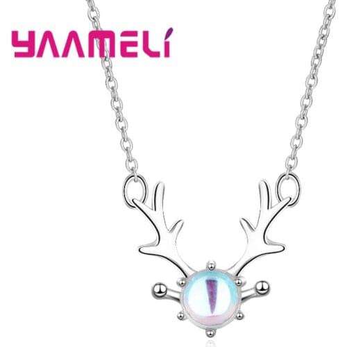 Charms Elk Head Shape 925 Sterling Silver Necklace For Women Beautifully Glass Bead Pendant Clear Brilliant Jewelry Pin