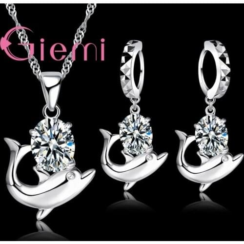Lovely Gift Jewelry Set S925 Romantic Dolphin Pendant Necklace Hoop Earrings for Women Girls Shining Oval Cubic Zircon Stones