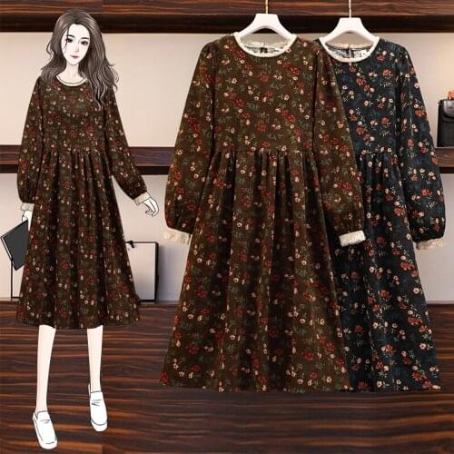 EHQAXIN Autumn Winter Plus Size Womens Stitching Lace Corduroy Dress Retro New Floral Zipper Long-Sleeved Lace-Up Dresses L-4XL