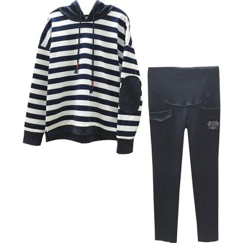 Autumn Winter Maternity Clothing Pregnancy Wear Jacket Coat New Fashion Stripe Hoodie+trousers Sets Casual Outfit Hoodie