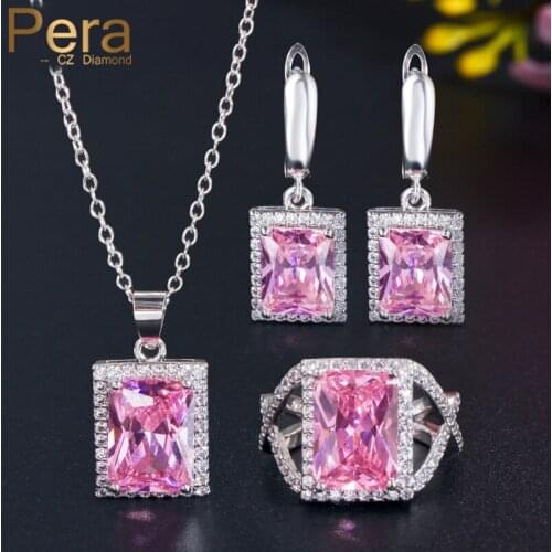 Pera High Quality 3Pcs Large Square CZ Zircon Fashion Women Engagement Party Silver Color Necklace Earrings Jewelry Set J201