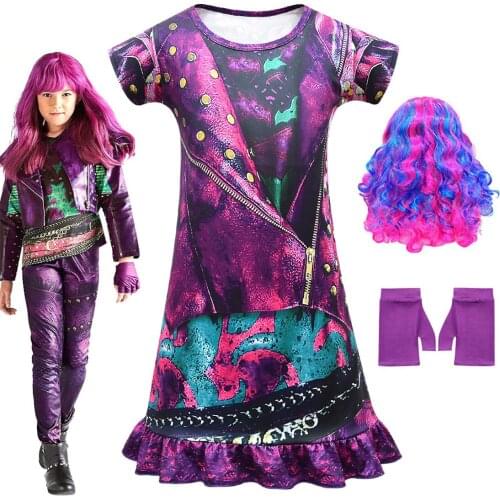New childrens Descendants 3cosplay girl mid-length short-sleeved dress gloves wig Halloween show set