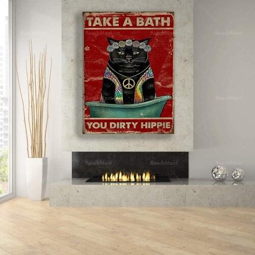 Hippie Cat Poster - Take A Bath Hippie Poster Canvas - Cat Print - Hippie Decor - Black Cat Poster - Funny Bathroom Wall Decor